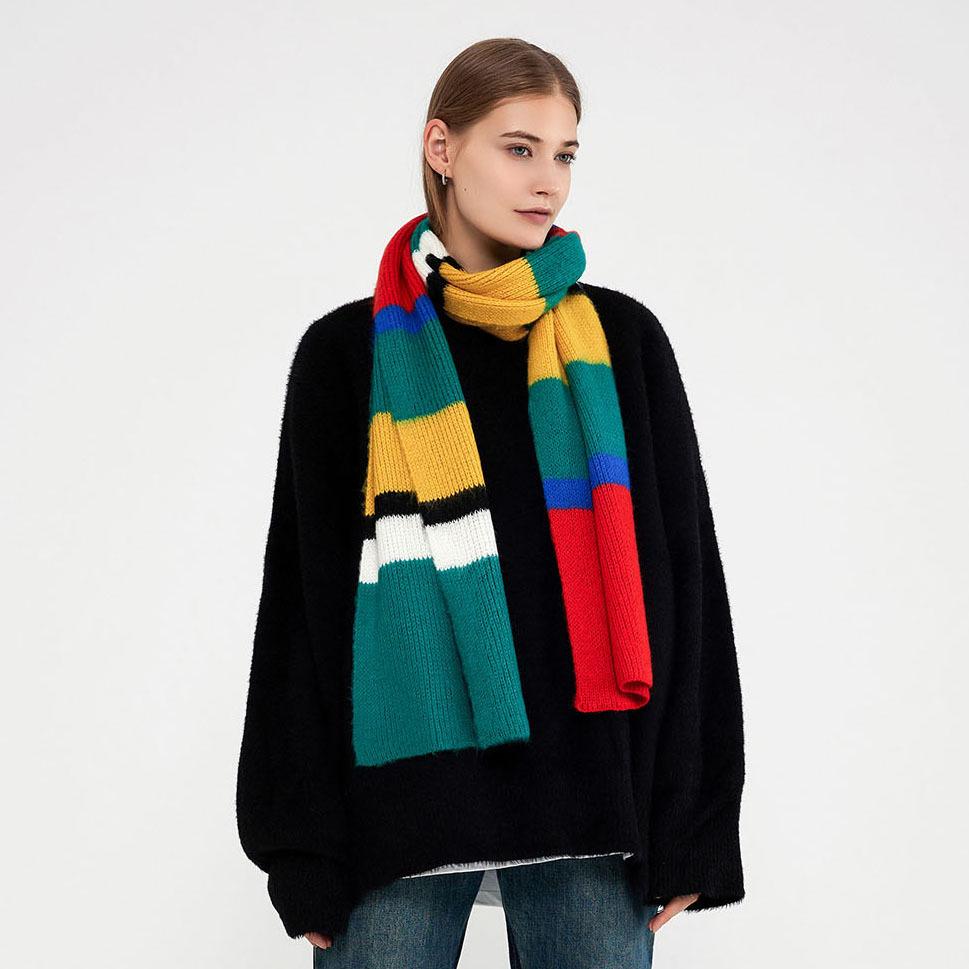 European and American Mohair Knitted Striped Scarf Women's Warm and Thickened Imitation Cashmere Color Matching Scarf Shawl