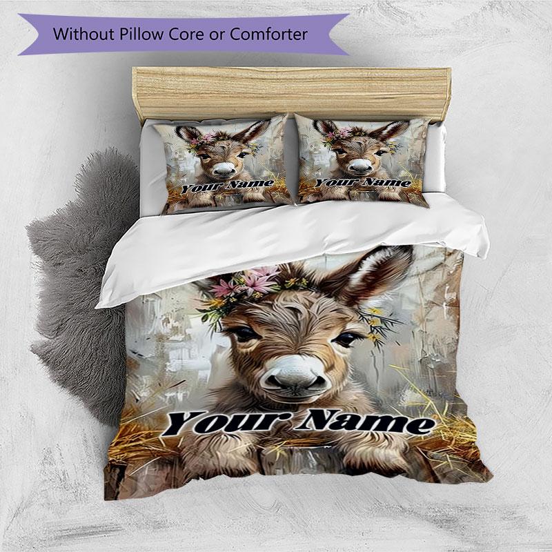 3PC Custom Name Donkey Floral Crown Bedding Set Duvet Cover Closure Includes 1 Duvet Cover & 2 Pillowcases for Bedroom
