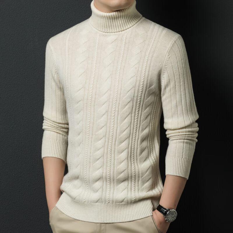Fengxun Men's 100% Pure Wool Jacquard Turtleneck Sweater