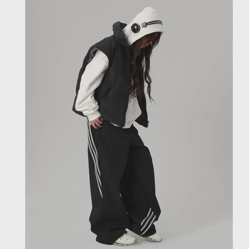 Unisex Black Striped Wide-Leg Retro Sports Pants - Spring/Summer Casual Loose Fit