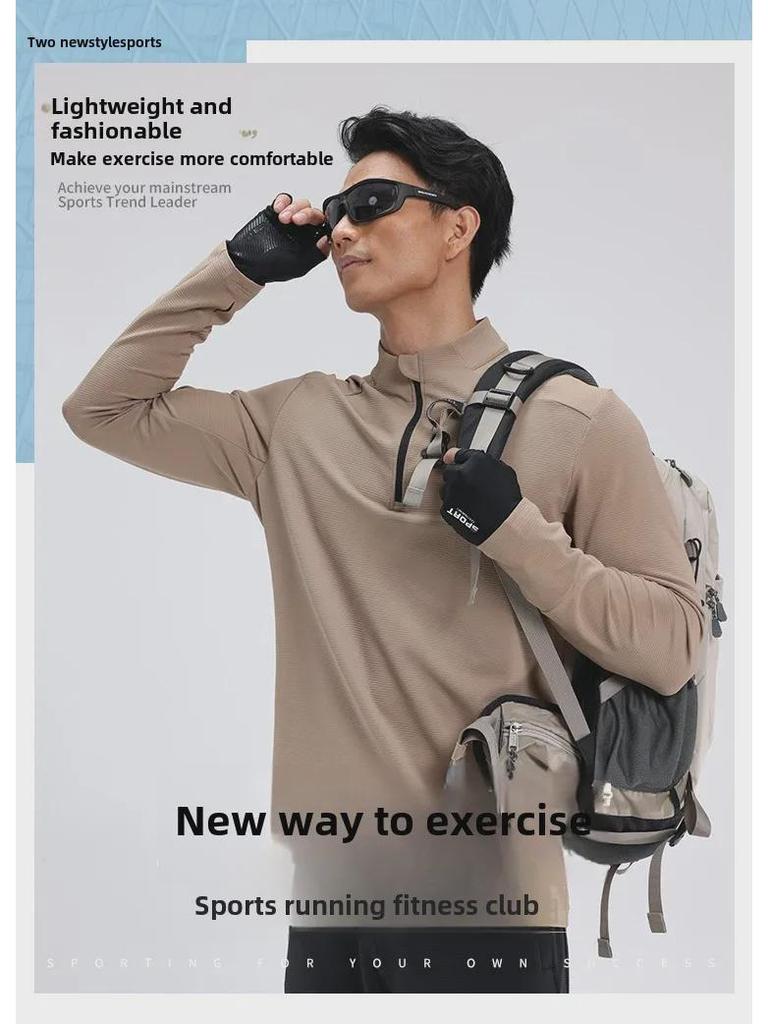 Dijia Men's Quick-Dry Running Pullover: Long-Sleeve, Stand-Up Collar, Half-Zip, Finger Protection for Fitness Training.