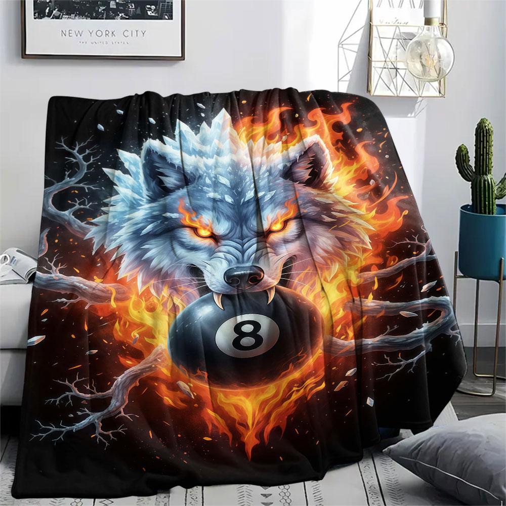 1Pc IceFireWolf Print Flannel Blanket, High Quality Comfortable for All Seasons, Home Decor, Warmth and Comfort, Perfect for Christmas Gifts