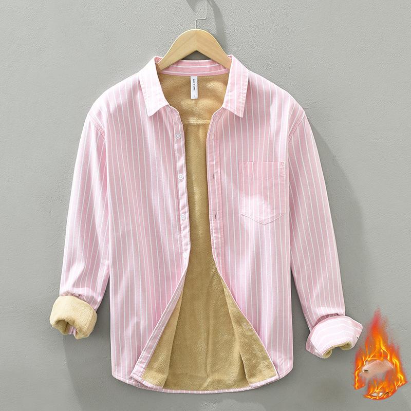 Winter Warm Men Tops Daily Casual Long Sleeve Striped Shirts for Men Pure Cotton Men Clothing Lapel Collar Fleece Shirt with Pocket