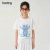 Girls' White Cartoon Cat Loose-Fit Round Neck T-Shirt