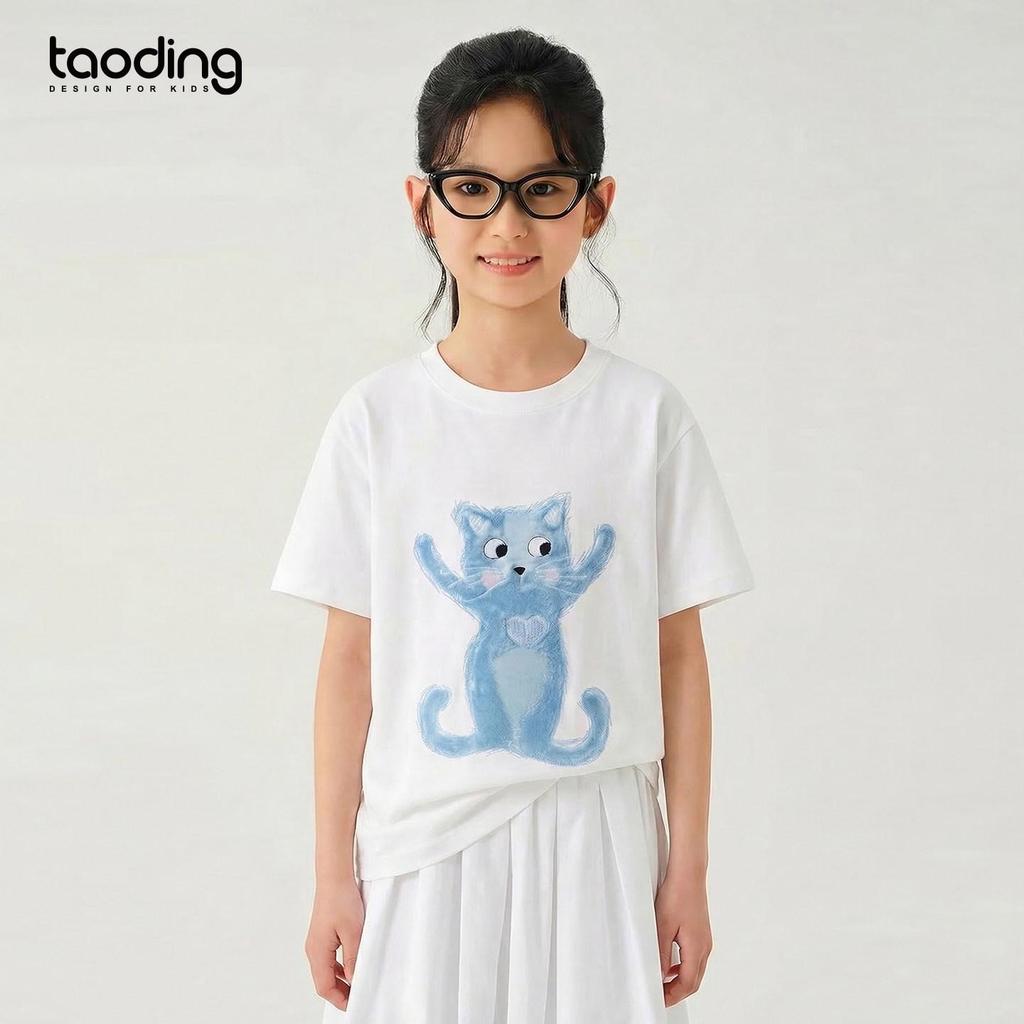 Girls' White Cartoon Cat Loose-Fit Round Neck T-Shirt