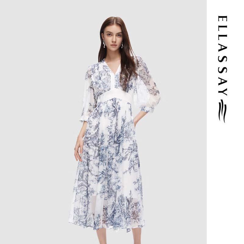 

ELLASSAY Women s Watercolor Ink Print V-Neck Seven-Sleeve Dress M