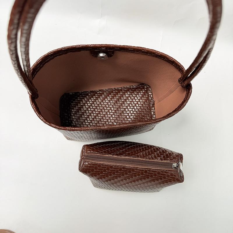 Damen gewebte PU-Eimertasche Minimalistische Umhänge-Handtasche für den täglichen lässigen Einkauf