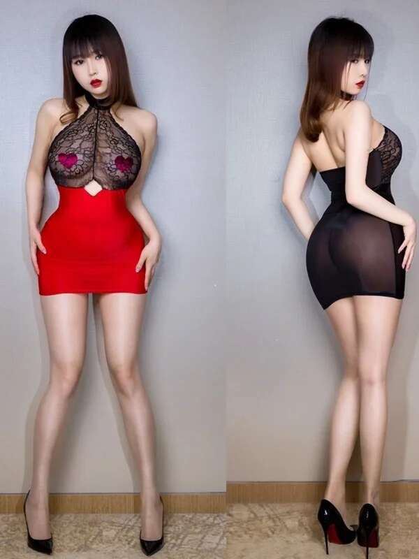 New Ice Silk Splicing Lace Transparent Sheer Ultra Short Dress Pure Desire Tight OL Nightclub Dress 2025 New Korean Top 89QE