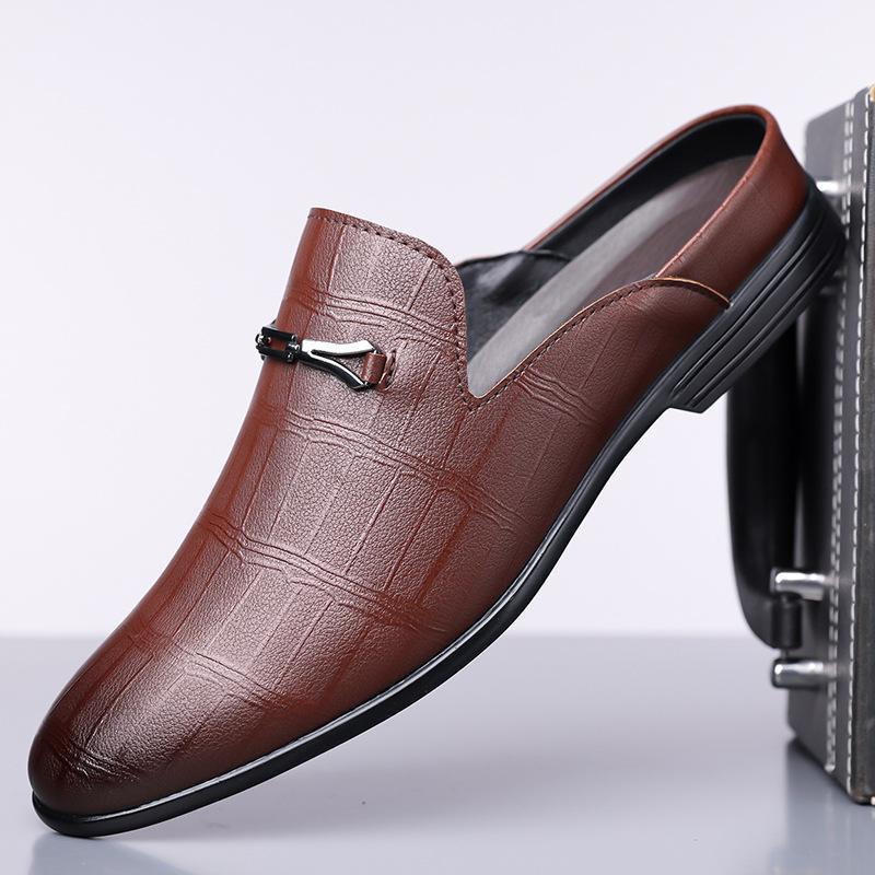 Summer New Designer Half Slippers for Men Fashion Casual Pointed-toe Dress Shoes Male Solid Color Leather Shoe Mules Man