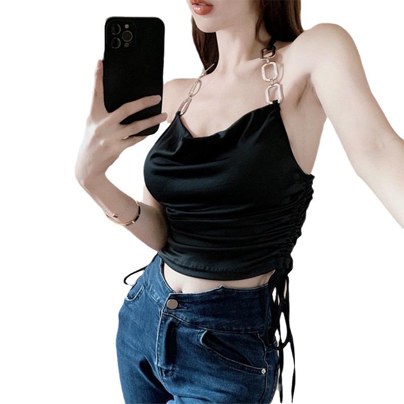 Модный женский сексуальный укороченный топ-жилет на бретельках - Высокая талия, Двухслойный летний стиль S (80-95 jin) чёрный