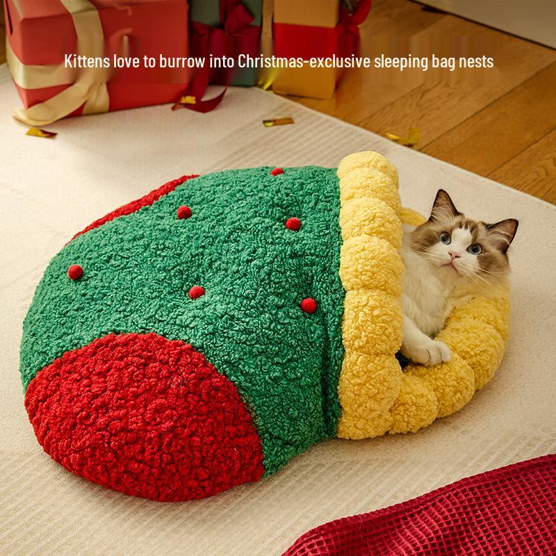 Weihnachtliches halboffenes warmes Haustierbett für Katzen und Hunde