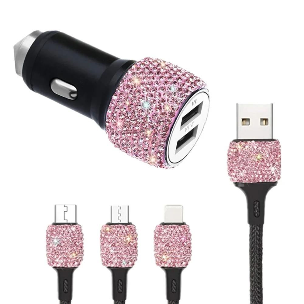 Luxuriöses Autoladegerät mit Bling-Diamant-Motiv, 3-in-1, 5 V, 2,1 A, Dual-Port-Schnelladapter, Rosa, Autodekor, Auto-Styling, Diamant-Autozubehör