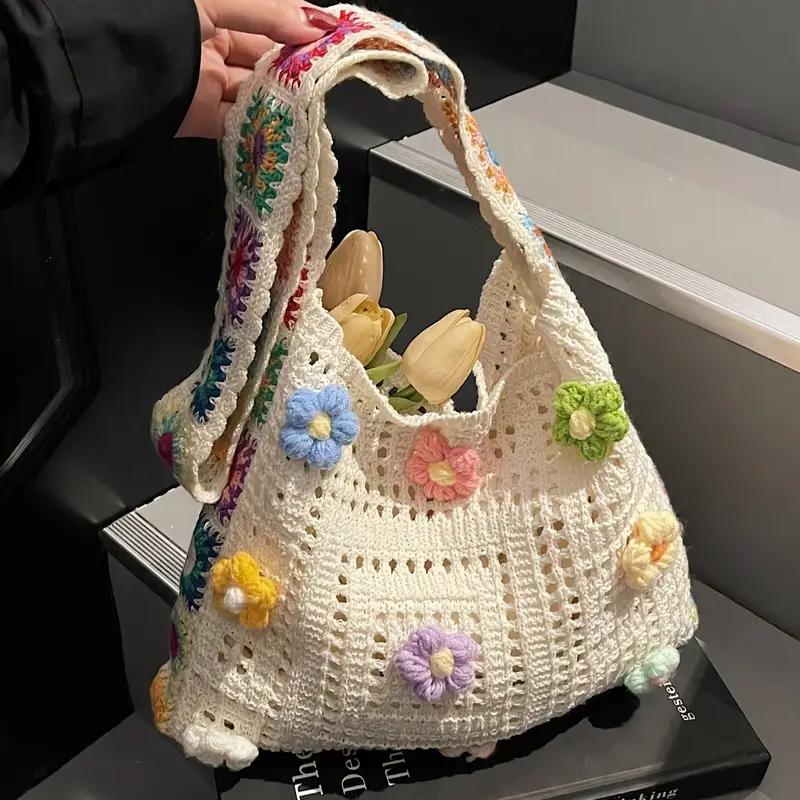 Designer Flower Knitted Handbags Female Large Capacity Totes Women's Pack Summer Beach Bag Purses Hollow Woven Shoulder Bags