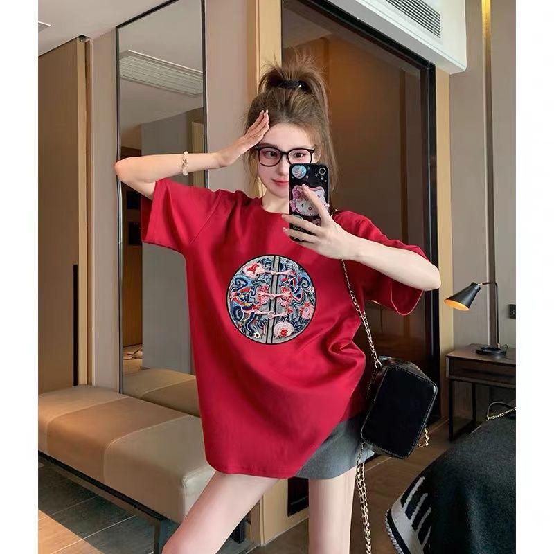

New Chinese style pure cotton short-sleeved T-shirt women s print new spring and summer interior with casual half-sleeved red top tide S