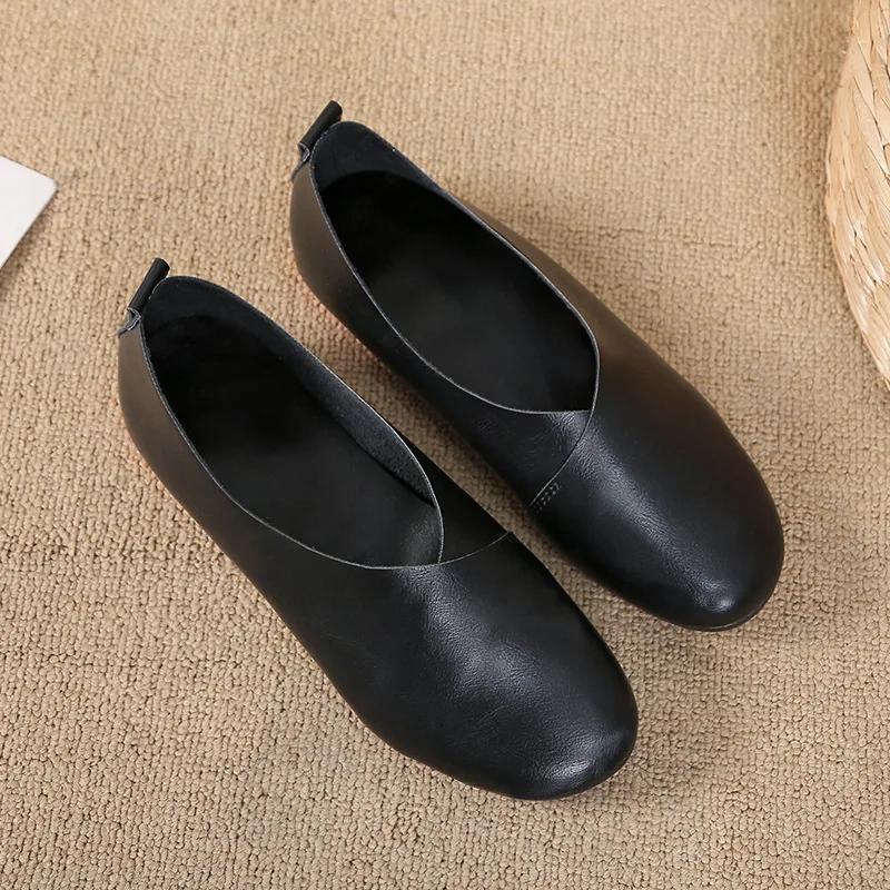 Fashion 2025 Genuine Leather Flat Shoes Woman Hand-sewn Leather Loafers Cowhide Flexible Spring Casual Shoes Women Flats Women Shoes
