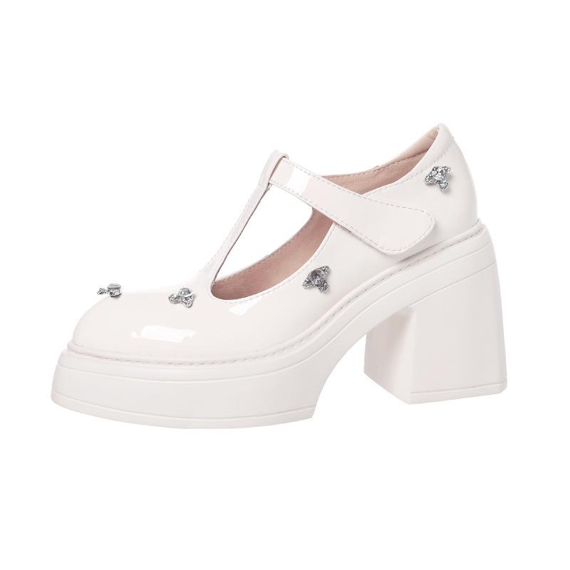 10CM red super high heel waterproof table single shoes college style fashionable versatile round head thick sole thick heel T-strap women's shoes