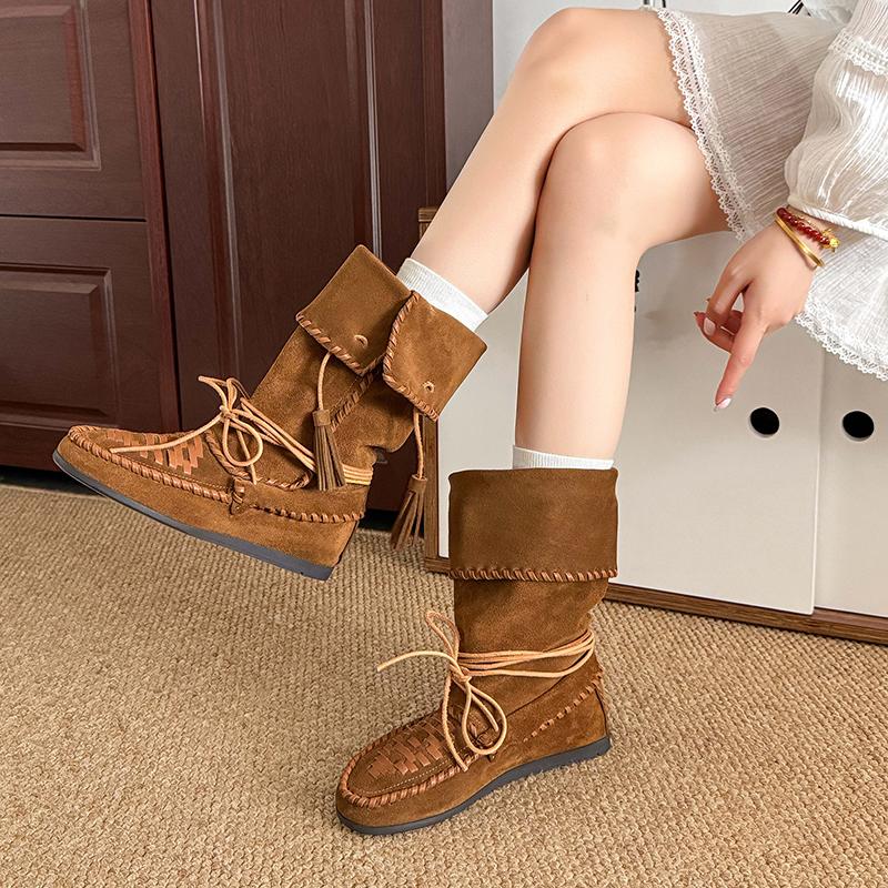 Módní Retro Pletené Střapce Šněrovací Dámské Westernové Kotníkové Boty Ohrnutý Okraj Vnitřní výška Poloviční Holenní Boty Dámské Venkovní Ležérní Boty