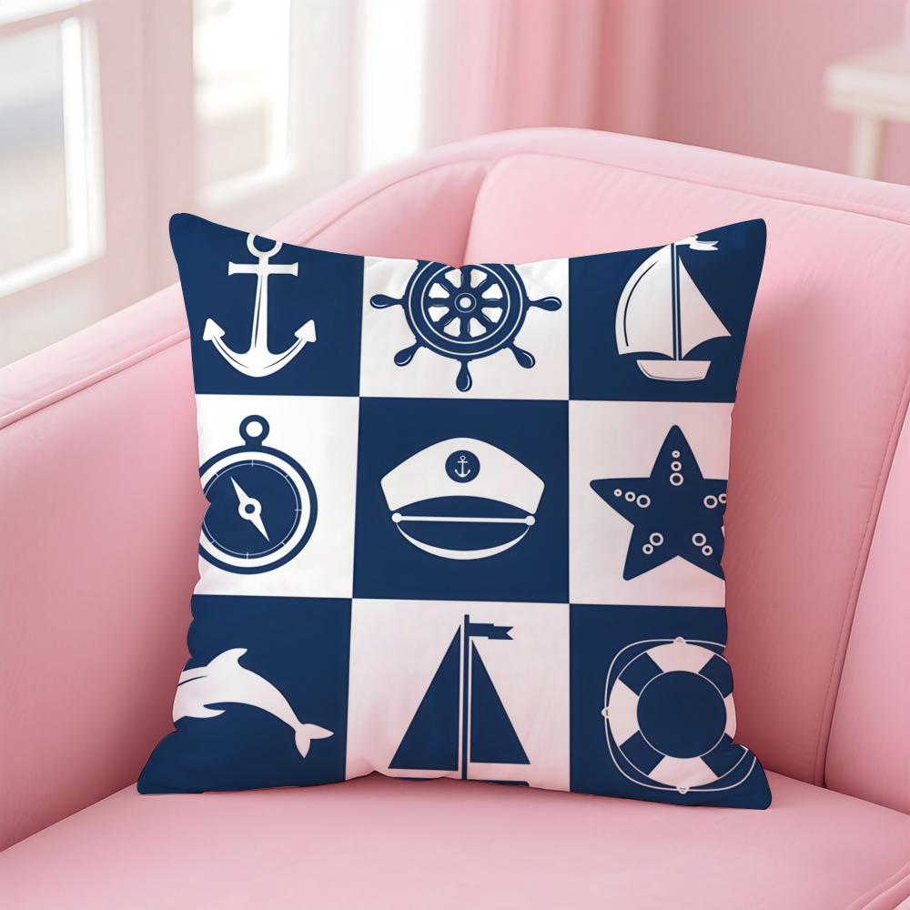 Ocean Blue Compass with Anchor Cushion Cover Pillow Case Soft Skin Friendly Fabric  Concealed Zipper