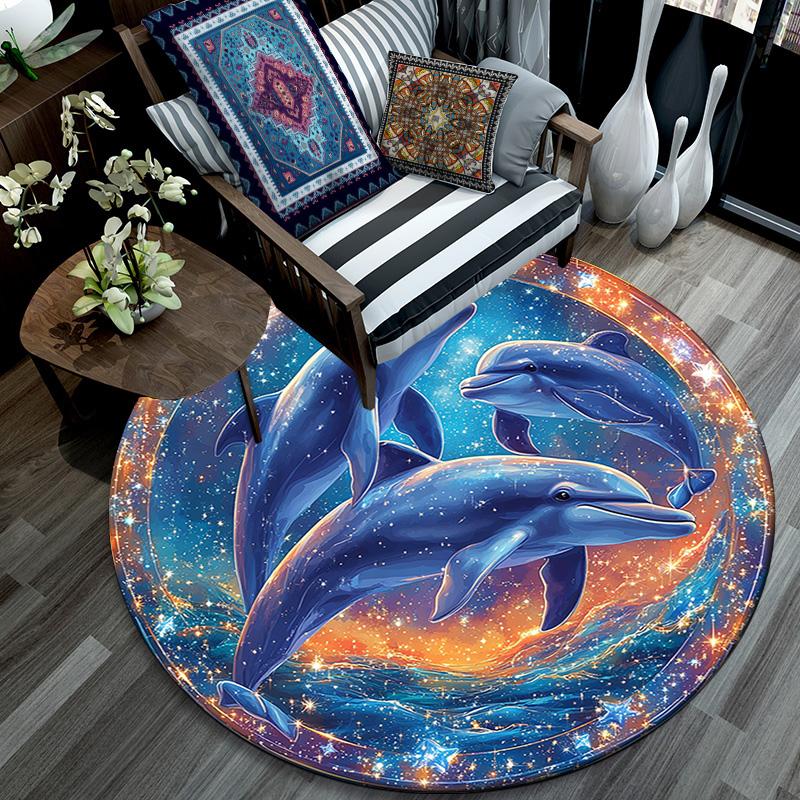 Dolphins Round Area Rug,Carpet Rug for Living Room Bedroom Sofa Playroom Decor,Non-slip Floor Mat
