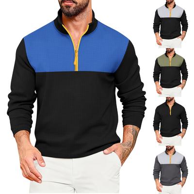 Top Casual Esportivo Masculino Color Block com Zíper 1/4 e Gola Alta de Manga Longa