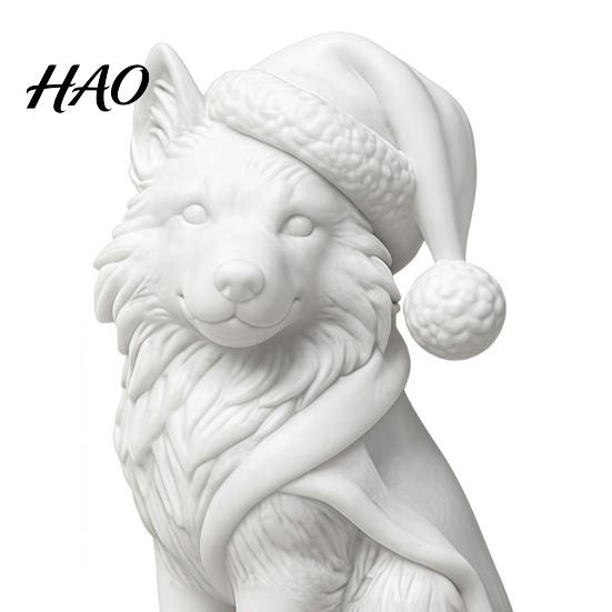 White Wolf Statue 3D Printed Figurine, Cute Christmas Animal with Santa Unique Holiday Present Hat And Scarf for Tabletop, Mantel Shelf Home