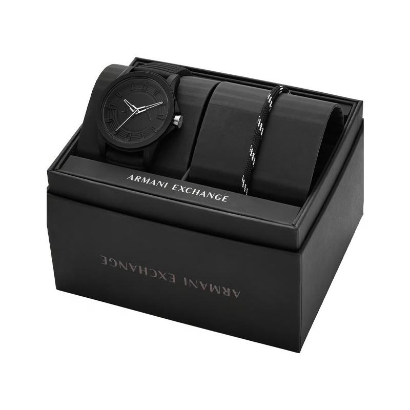Armani Exchange AE Armbanduhr Quarzwerk Silikonarmband Schwarzes Zifferblatt Herrenuhren Box AX7159SET