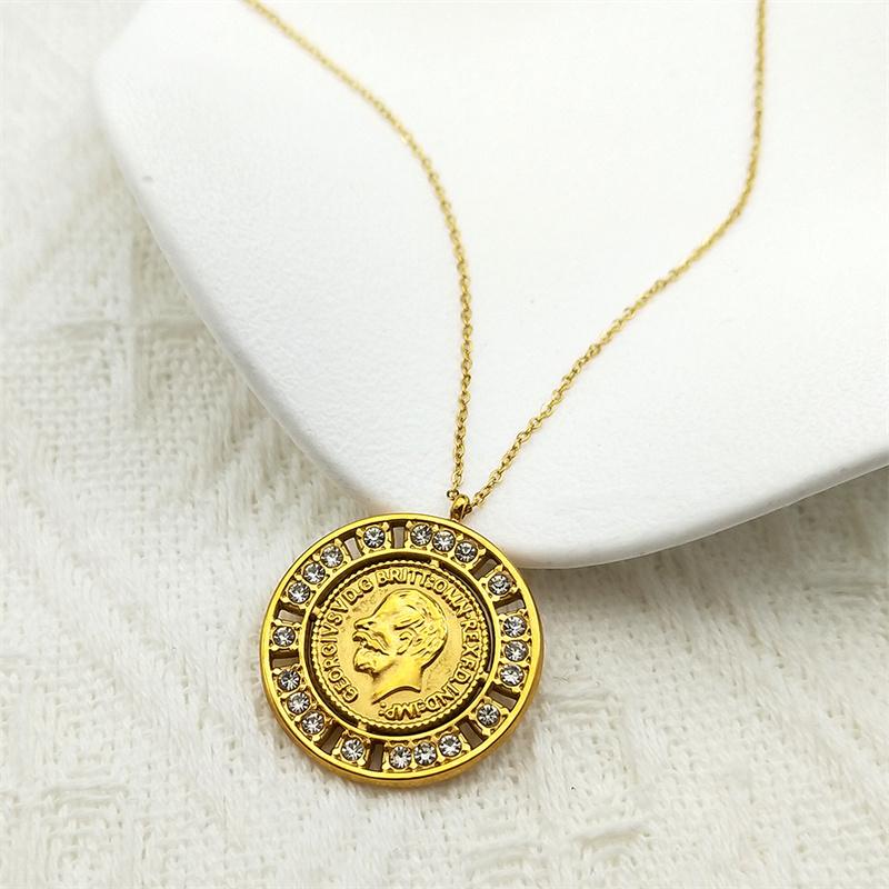 George VI British Coin Carve Head Crystal Double Circle Necklace for Women Men Stainless Steel Collar Gold Color Wedding Jewelry