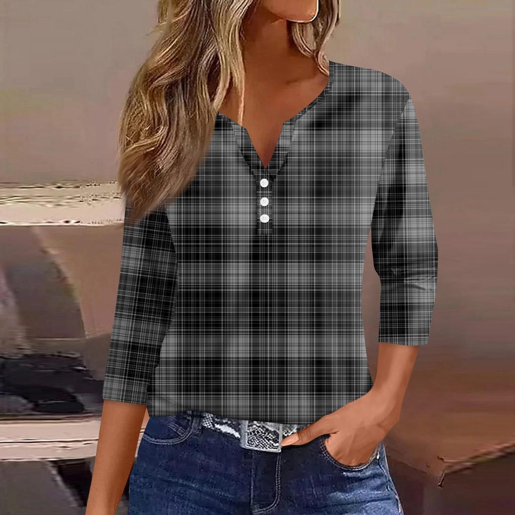 Women's T Shirt Tee Printed Button 3/4 Sleeve Tunic Daily Weekend Fashion Basic V- Neck Regular Top