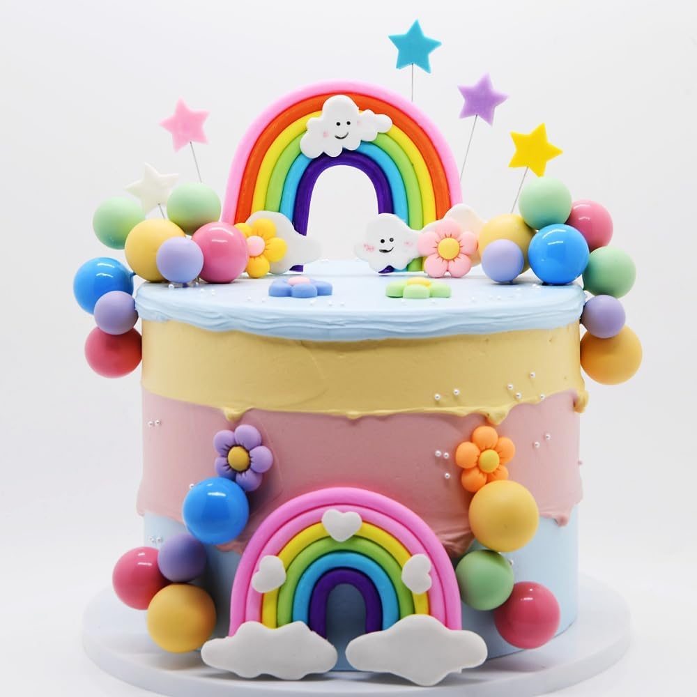 Rainbow Cake Topper Rainbow Theme Party Supplies Pastel Balls Cake Topper Boho Cake Toppers