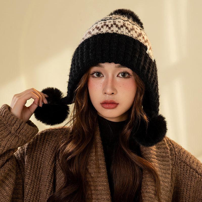 Mode Farbabstimmung Pompon Ohrenschutz Warme Mütze Damen Winter Radfahren Fleece Kälteschutz Wollmütze Tide