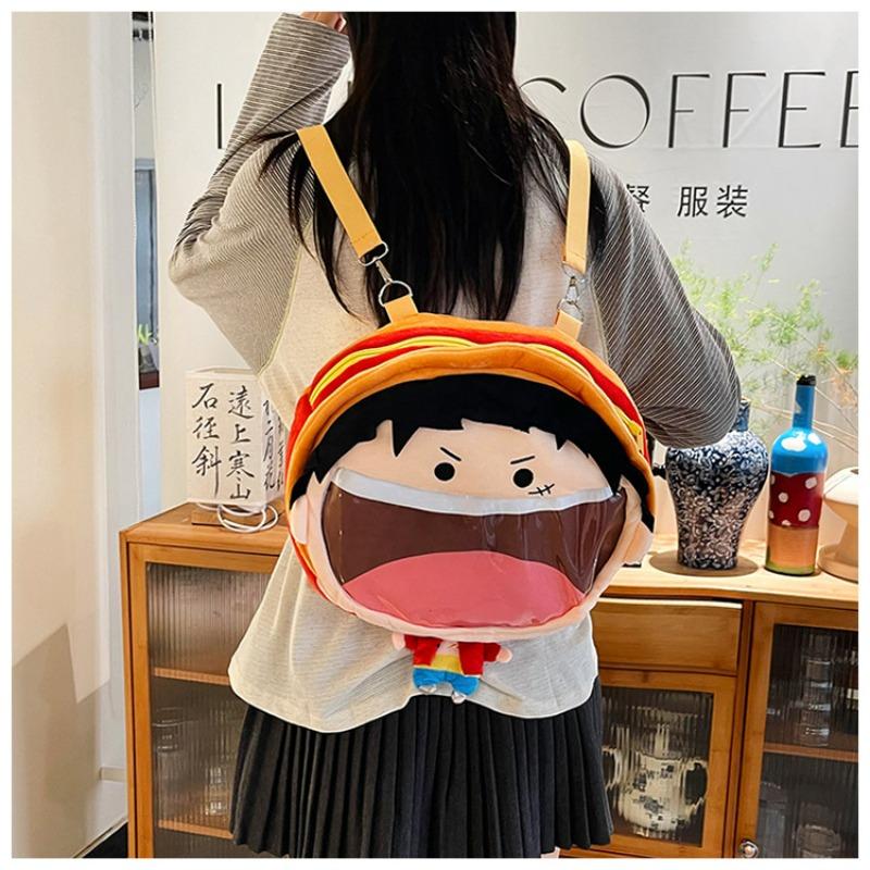 One Piece Anime Luffy Cos Messenger Bag Plush Big Mouth Backpack Anime Badge Plush Display and Storage Transparent Birthday Gift