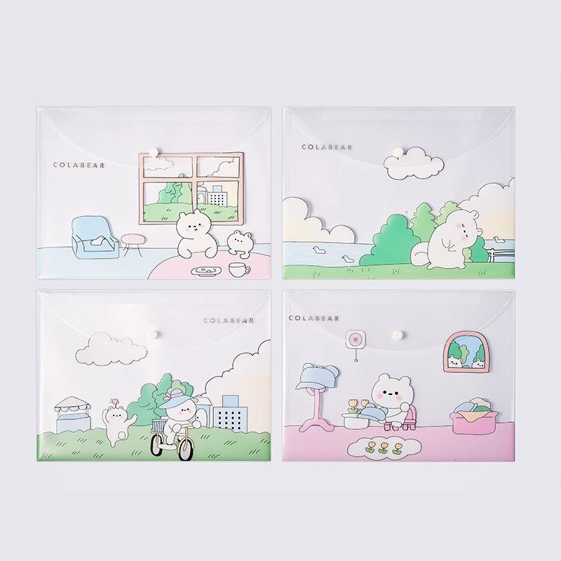 4pcs File Bags For Document Cute Cartoon File Holder Snap Button PVC Folder Pen Box Office Information Bag Student Stationery
