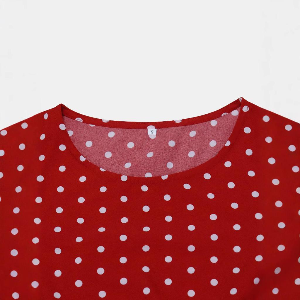 Women Retro Elegant Round Neck Short Sleeve Polka Dot Waist Tied Flared Midi Dress