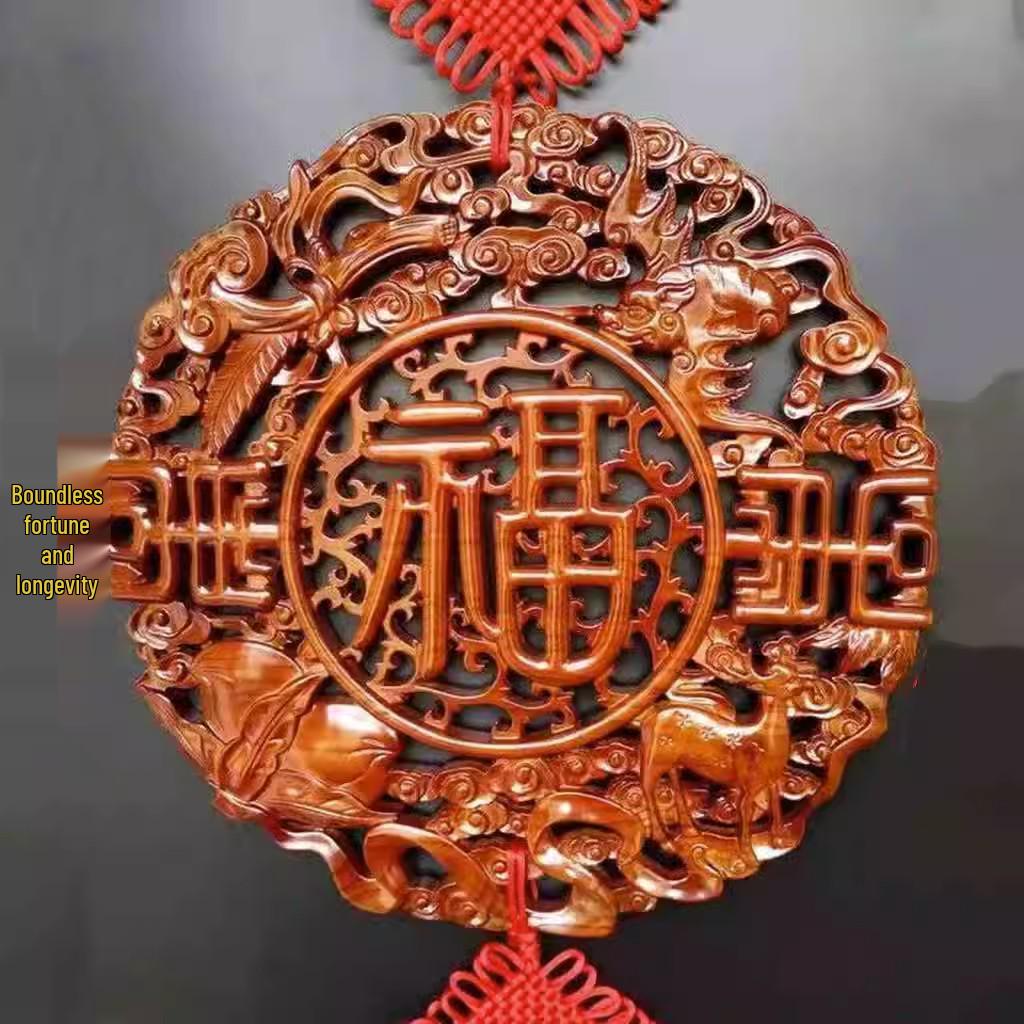 Peach Wood Fu Character Door Hanging: Chinese Knot Pendant, Feng Shui Housewarming Ornament for Living Room