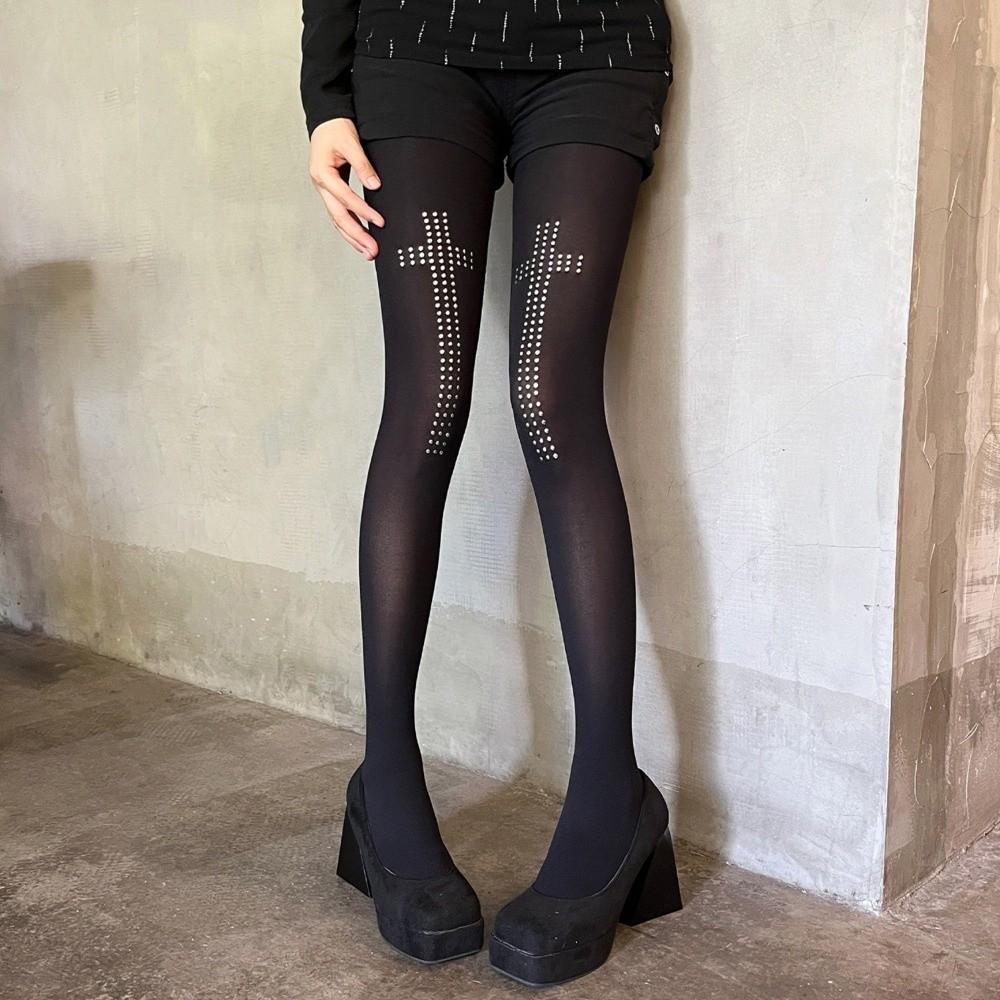 Vintage Cross Pantyhose Breathable Rhinestone Stockings Fashion Black Gothic Tights Party Wear