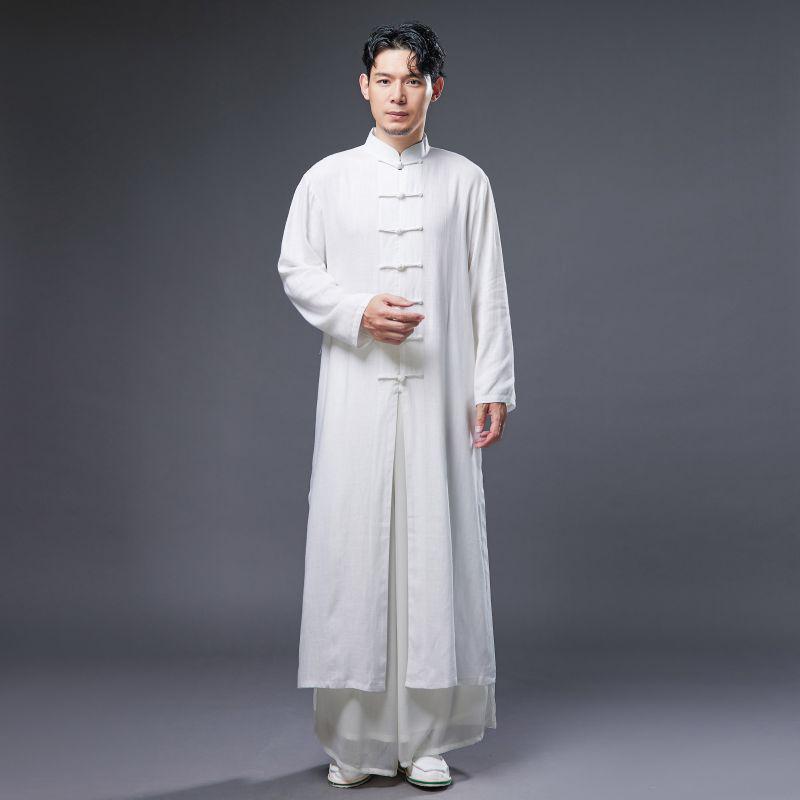 Men's Ethnic Long Sleeve Cotton Linen Robe with Stand Collar and Frog Buttons