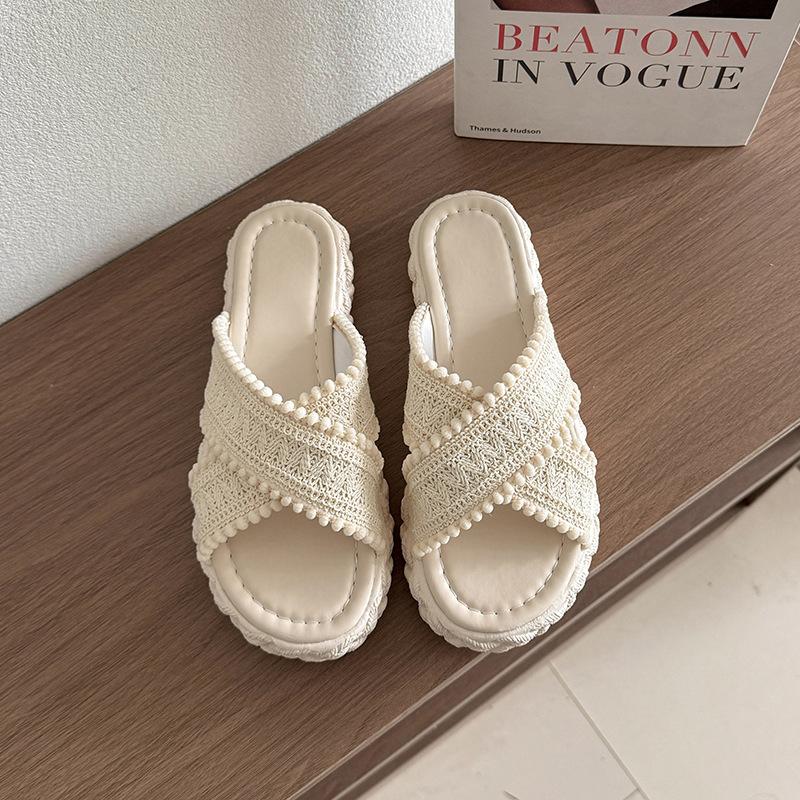 

Летние соломенные туфли-рыбаки женские крест модная одежда толстоподошвенные крутые шлепанцы однословные пляжные шлепанцы 40 бежевый