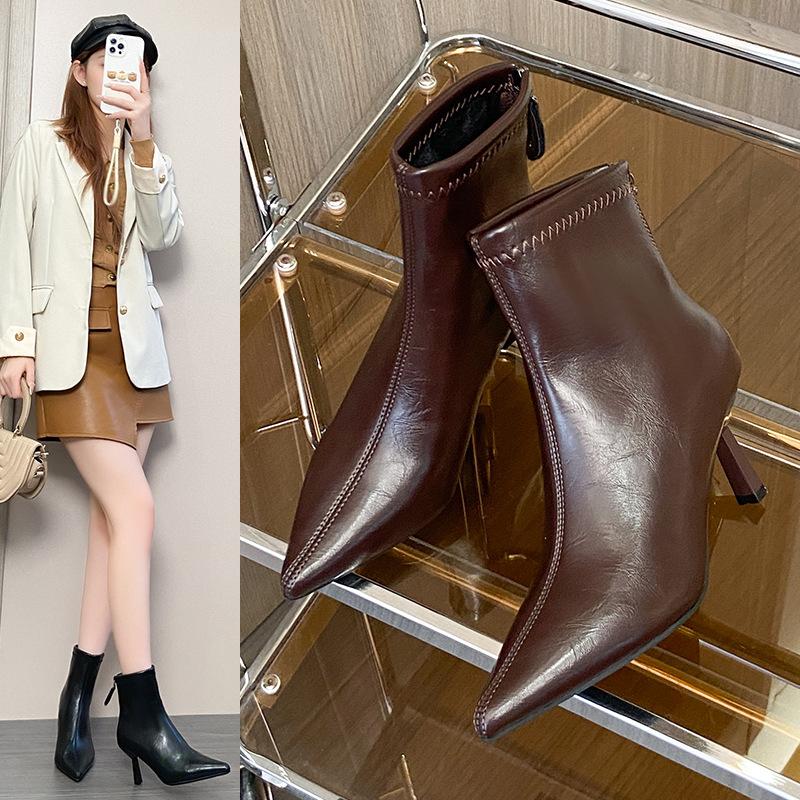 Pointed short boots women's autumn and winter new boots fleece short boots niche thin women's boots stiletto high heels