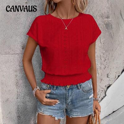 Damen Frühling und Sommer Neues Rundhals-Jacquard-Hohl-Kurzarm-T-Shirt Süße Casual-Tops