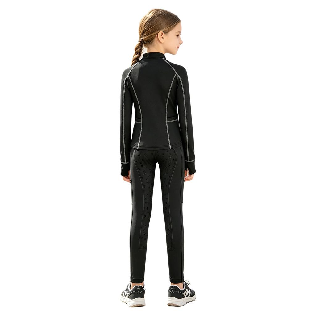 Tenue d'équitation pour filles Ensemble à col montant, manches longues avec trous pour les pouces, pull à fermeture éclair avec pantalon d'équitation à grip intégral antidérapant pour l'entraînement