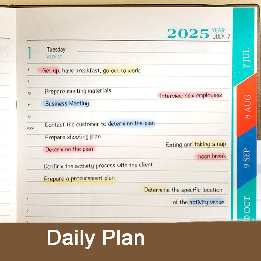 A5 leather 2025 business schedule book, English inner pages, student daily planner, 365-day record book, notepad, memo, 200 sheets