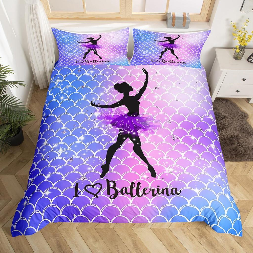 Rainbow Bedding Set for Girls Ballet Duvet Cover Dancing Ballerina Silhouette Comforter Cover Twin Tie Dye Starry Sky Bed Cover