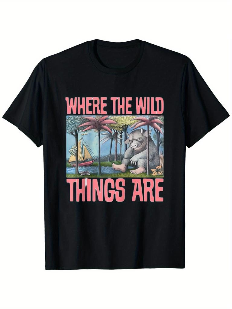 Womens Cotton Crew Neck TShirt Casual Short Sleeve Knit Fabric Tee Regular Fit with Where The Wild Things Are Print