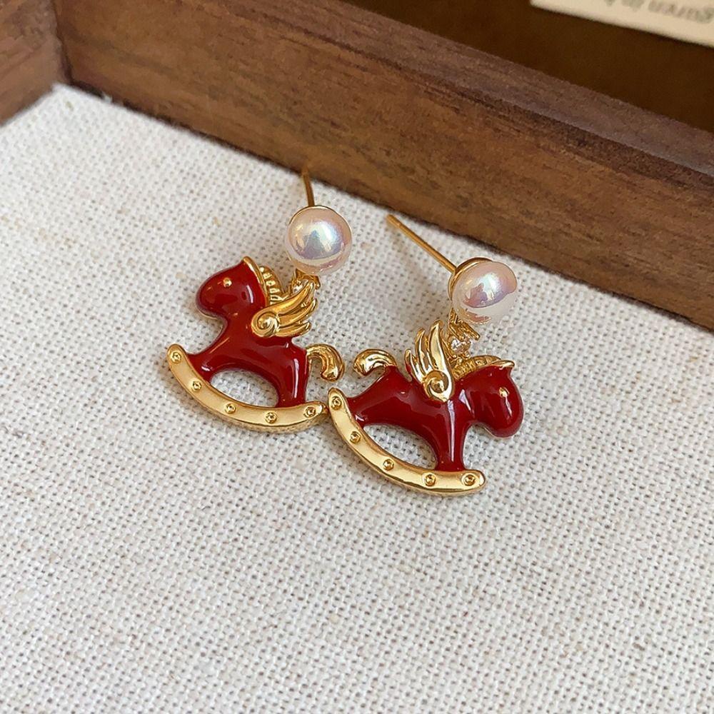 Fashion Jewelry Pearl Pony Earrings Chinese Horse New Year Red Drop Earrings  Lady