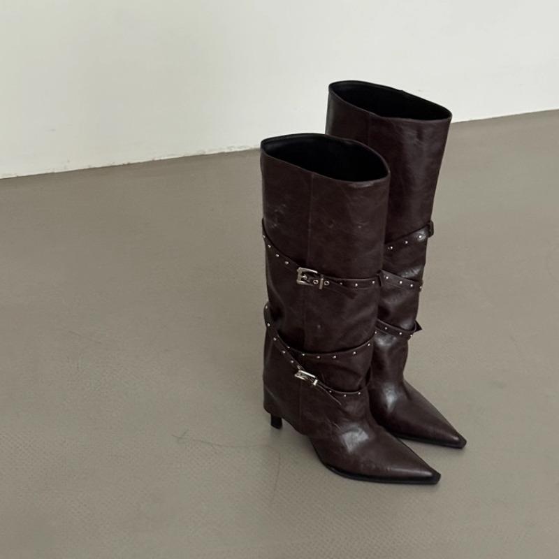 Pointed Metal Belt Buckle Rivet Vintage Western Cowboy Boots High Heel Knight Spice Girl Pant Boots Women's Boots