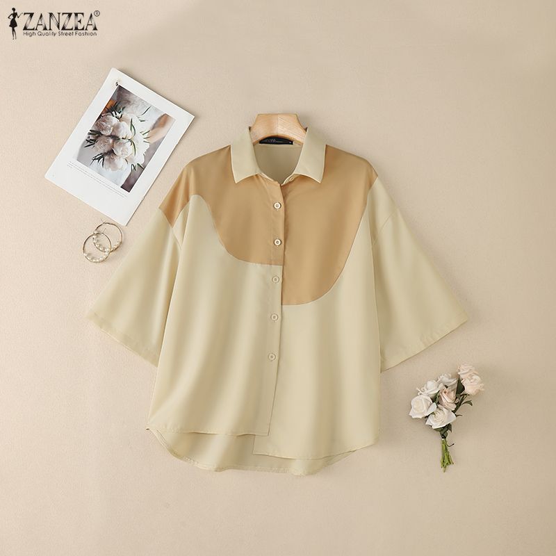 ZANZEA Women Casual Turn Down Collar Loose Patchwork Half Sleeve Blouse