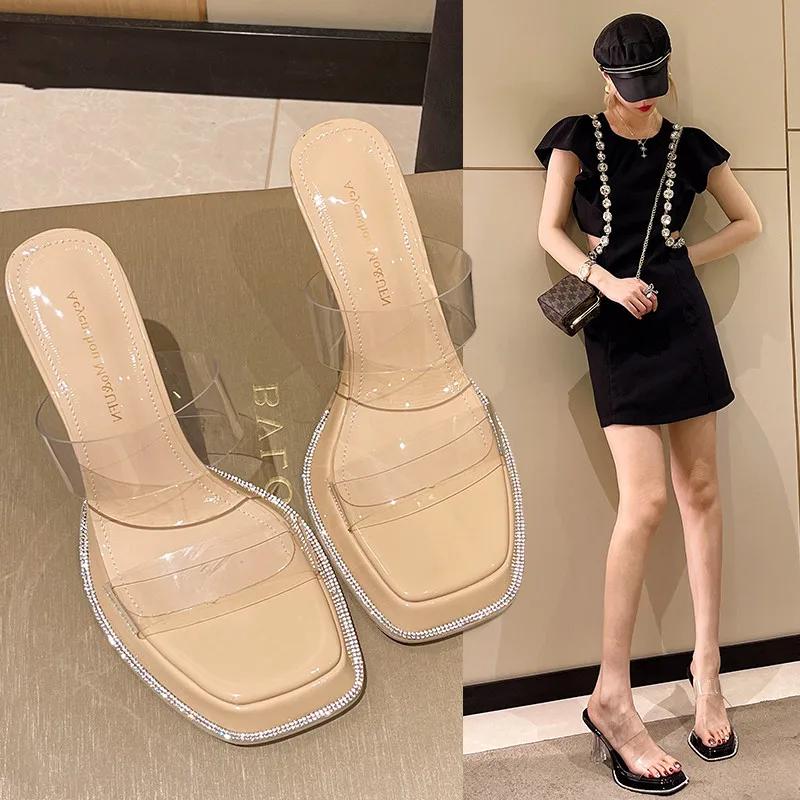 Summer Women's Shoes Chunky Sandals Outdoor Transparent Stiletto Sexy Heels Branded Pumps 2025 Footwear Block Retro Outside Cros