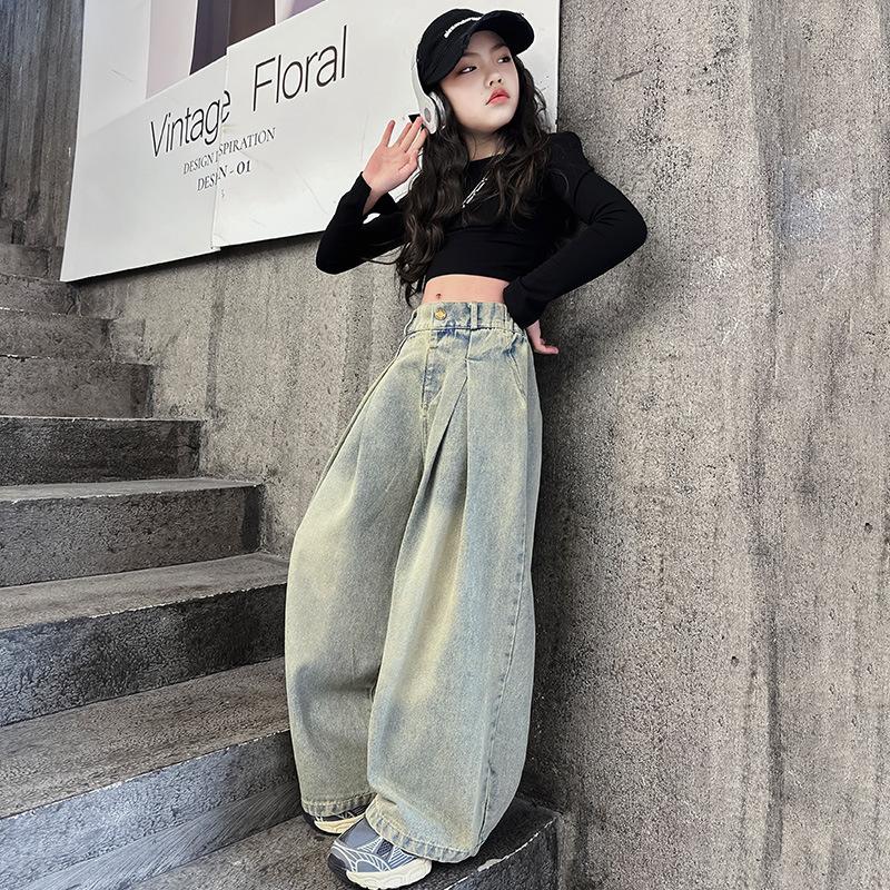 Kids Girls Jeans Spring Autumn Junior Children Westernized Street Wide Leg Pants Korean Versatile Long Trousers Clothes