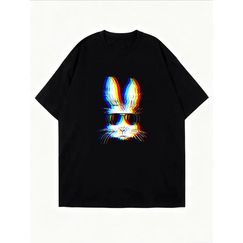 White T Shirt With Rainbow Bunny Print For Casual Wear