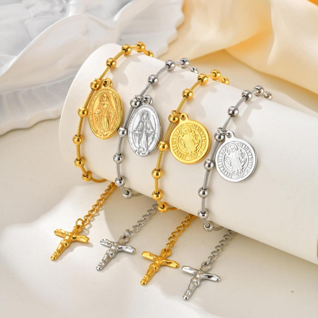 Vnox Stainless Steel Women's Rosary Bracelets, Saint Benedict Virgin Mary Jesus Cross Prayer Bracelet , Trendy Religion Jewelry